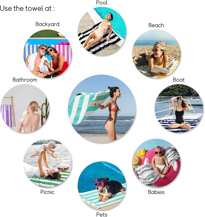 cabanana Large Oversized Beach Towel - 35 x 70 Inch Cotton Pool Towel, Turquoise Striped Soft Cabana Swim Towel
