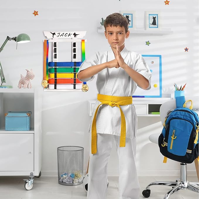 Tilhumt 8 Belt Karate Belt Display Rack with Medal Hanger and Stickers, Taekwondo Belt Display Holder, Martial Arts Belt Display Organizer for Adults, No Assembly Required (Bamboo/Acrylic)