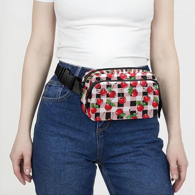 Cherry Red Checkered Plaid Fanny Pack for Women Men Water Resistant Fashion Waist Packs with Adjustable Strap Belt Bag for Travel Workout Jogging Hiking 21219405