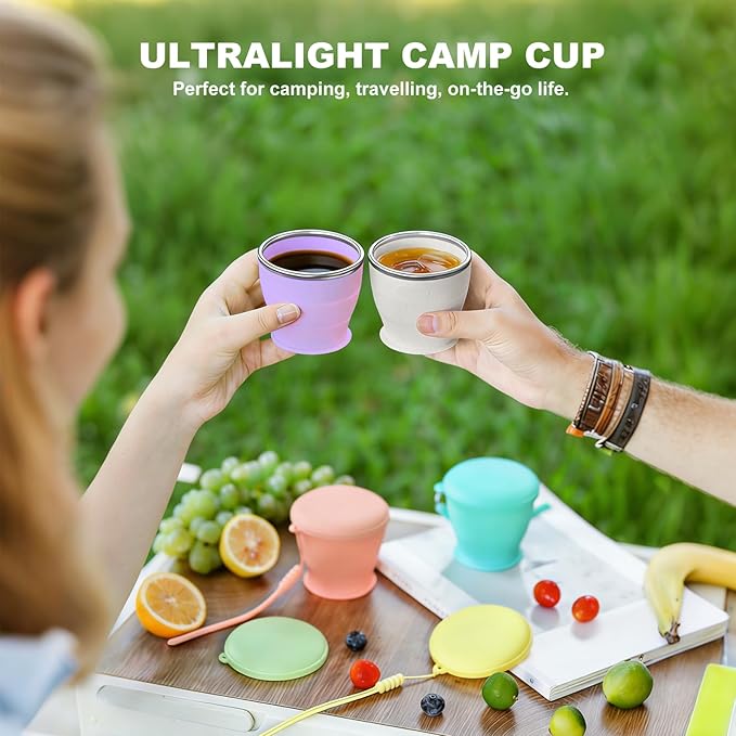 Collapsible Travel Cup, BPA-Free Reusable Water Cup, Lightweight Drinking Cups with Lids and Carrying Strap, Dishwasher Safe Silicone Cups for Camping, Travel, Airports, Hotel (6.7oz, Lilac)