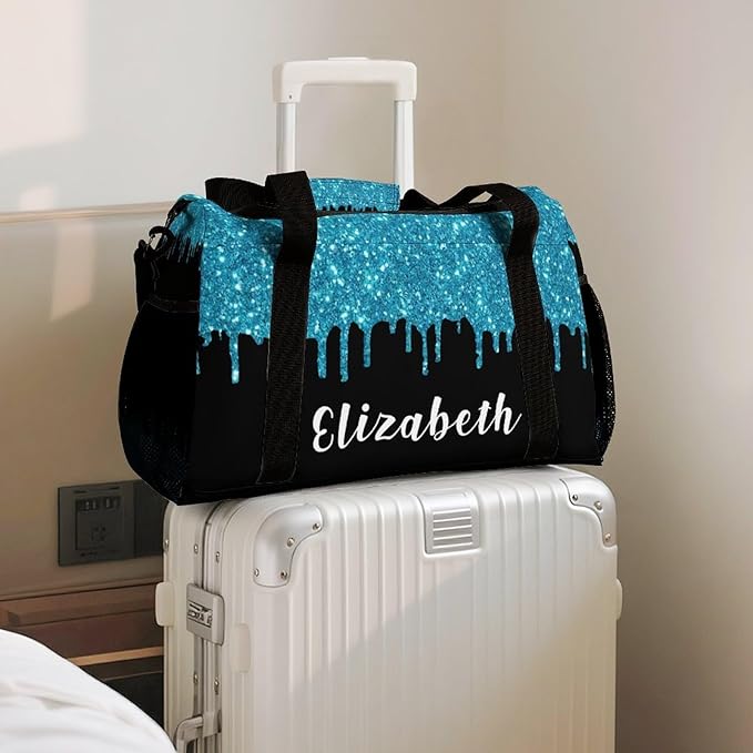 Custom Teal Blue Bling Sequin Print Duffel Bag with Name Adjustable Shoulder Strap Casual Bag for Teens Adults Handheld Crossbody Travel Bag