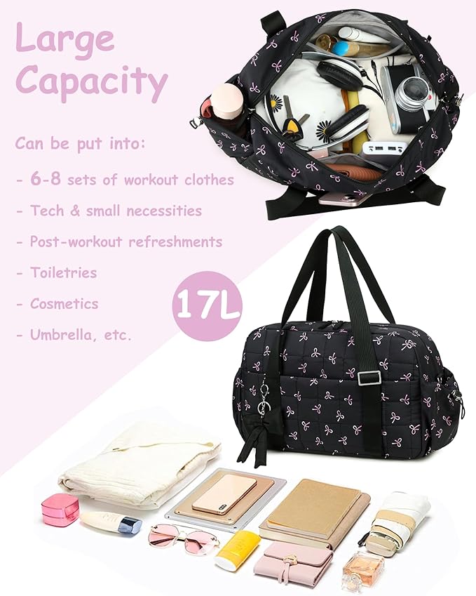 CAMTOP Mini Gym Bag for Women, Small Gym Tote Bag Puffy Quilted Sports Duffel Bag with Wet Compartment and Coin Purse Duffel Bags Dance Yoga Workout Bag for Gifts (Black Bow, Medium-16")