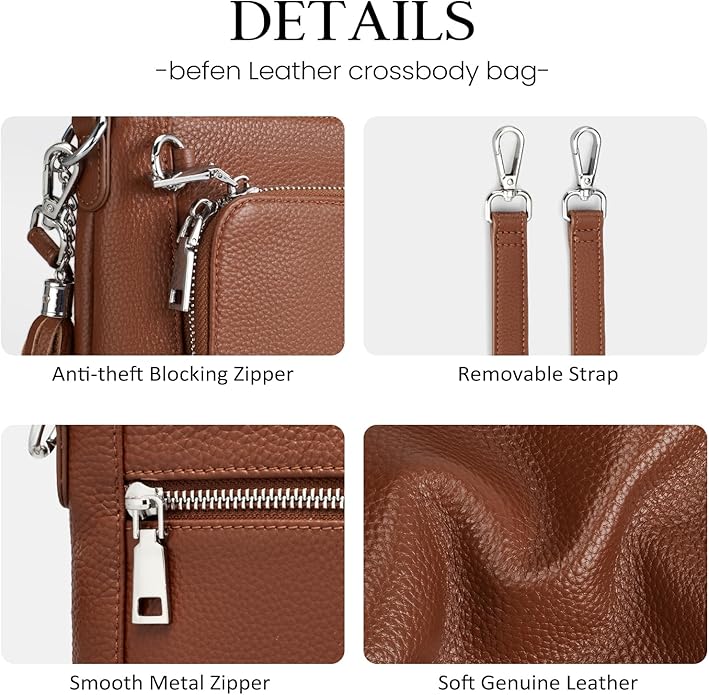 befen Anti Theft Genuine Leather Crossbody Bags for Women Handbags and Shoulder Basg with Built in Wallet RFID Leather Purse
