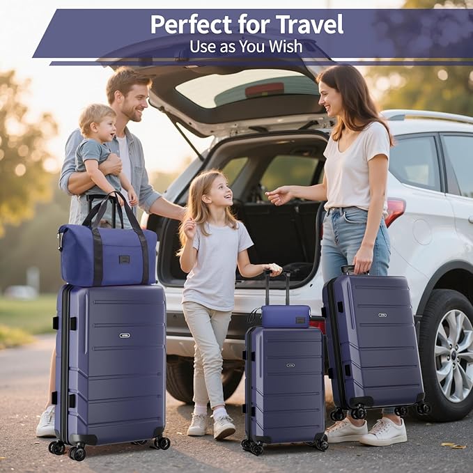 HOTEEL Expandable 5 Piece Luggage Set (4-YEARS WARRANTY) ABS+PC Hardshell Carry on Suitcase Silent Universal Wheels&TSA Lock for, Unisex Rolling Suit Case for Family, Travel, Dark Blue(20/24/28/DB/TB)