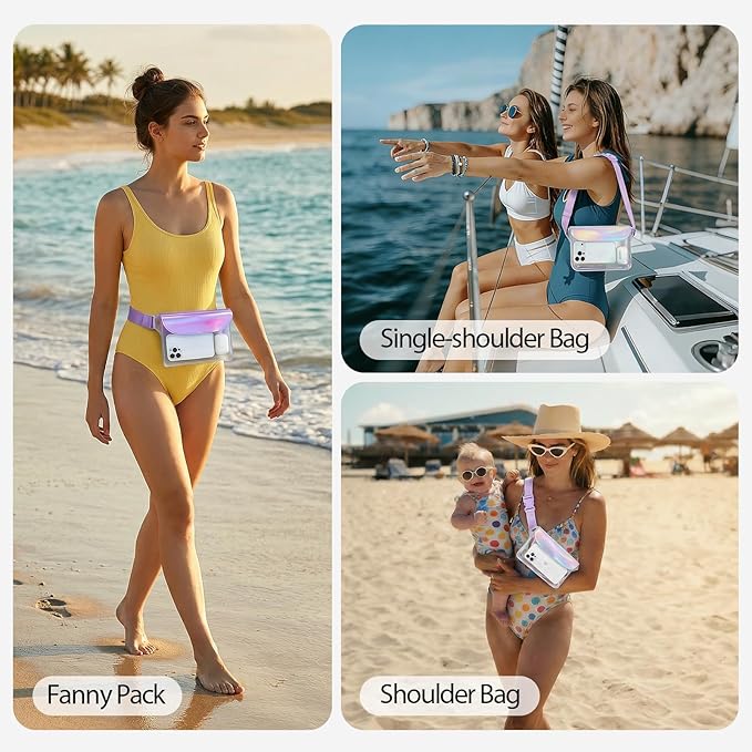 IP68 Waterproof Phone Pouch Case Three-Layer Seal for iPhone 17 16 Pro Max/15/14, IP68 Travel Cellphone Dry Bag Beach Cruise Ship Essential Fanny Pack with Crossbody Lanyard, Iridescent
