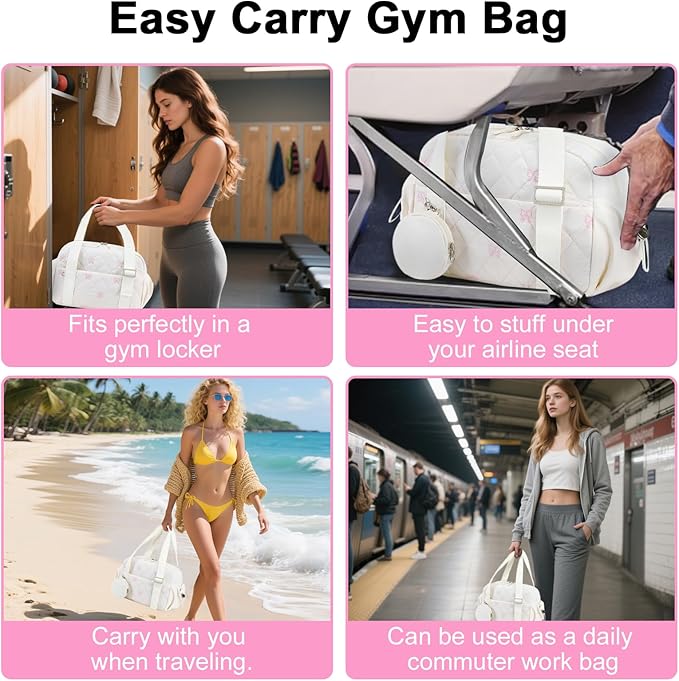 CAMTOP Mini Gym Bag for Women, Small Gym Tote Bag Puffy Quilted Sports Duffel Bag with Wet Compartment and Coin Purse Duffel Bags Dance Yoga Workout Bag for Gifts (White Pink Bow, Mini-12.6")