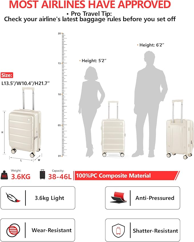 Expandable 20Inch Carry On Luggage Airline Approved - Top Opening Hardside Travel Suitcase Unbreakable -with Cup Holder,USB Charge,Side Pothook, 360°Spinner Wheels, TSA Lock-White