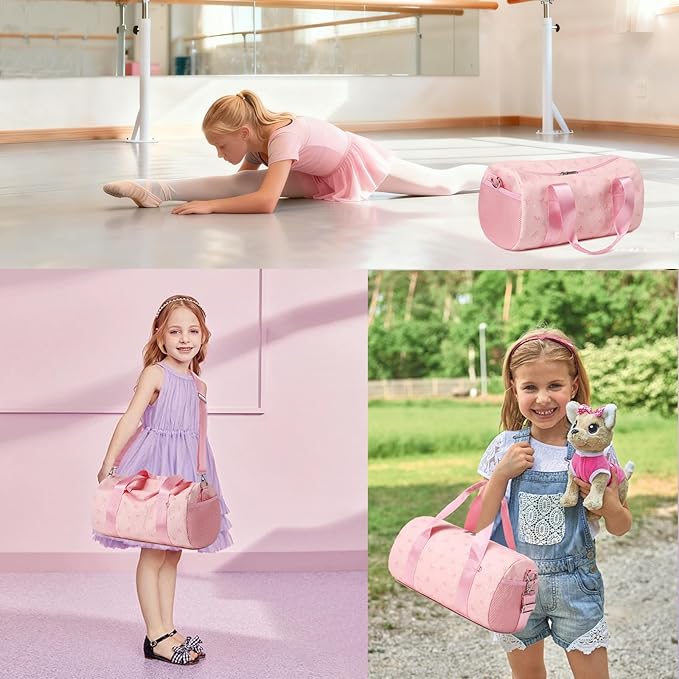 Dance Ballet Bag for Girls Small Duffle Ballerina Bags with Waterproof Dry Wet Separated Compartment Corduroy Bow Dance Bag for Girls 4-6 Pink