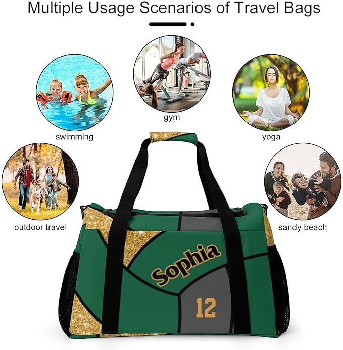 Custom Gold Green Volleyball Duffel Bag with Name Personalized Travel Bags Sport Gym Bag Carry On Weekender Bags for Men Women
