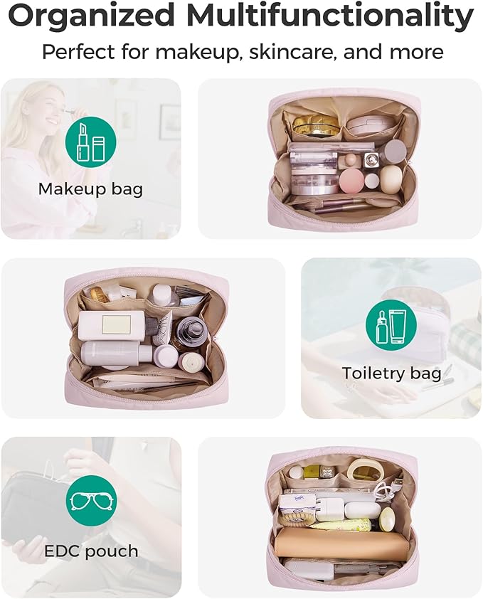 BAGSMART Makeup Bag, Wide Opening Cosmetic Bag Compact & Spacious, Water-Resistant Travel Organizer Pouches for Women (Green checkered)