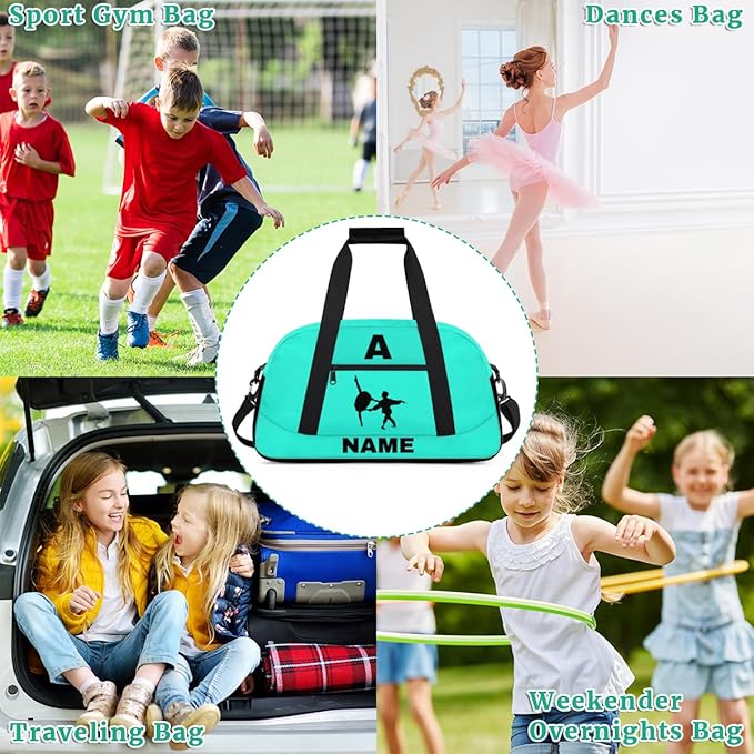 Personalize-Kids-Sports-Duffel-Bags With Custom Name Text Carry-On Overnight Travel Gym Lightweight Dance Pattern Sports Bags For Girls Boys Kids,Cyan