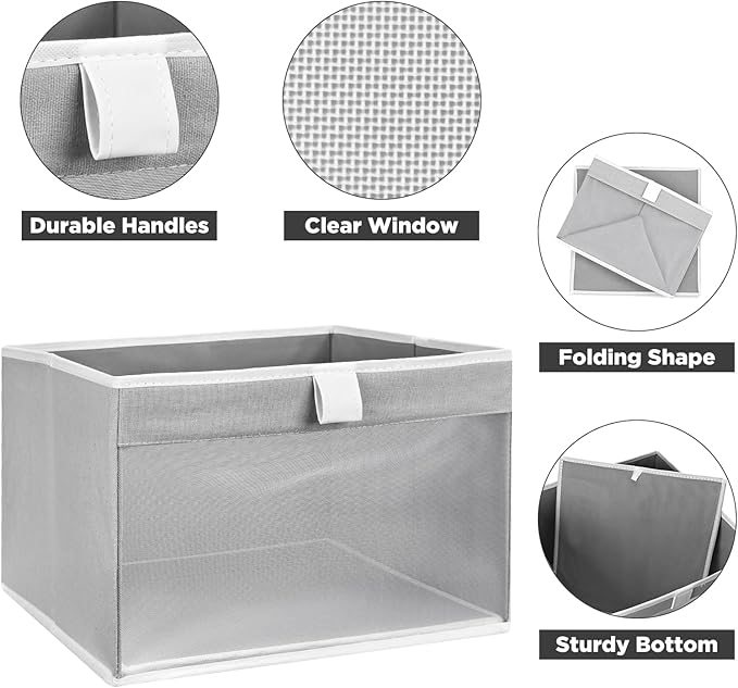 Linen Closet Organizers and Storage, Closet Storage Bins Basket Organizer, Foldable Organization Baskets with Mesh Window for Clothes Towels and Toys, 10.75" x 10.75" x 7.5", Gray, 2 pack