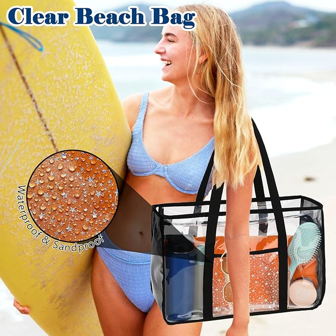 Clear Beach Bag for Women, Large Pool Tote Cruise Vacation Essentials - Zipper Closure, Waterproof, Sandproof