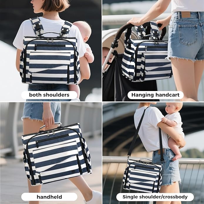 ALLCAMP Diaper Backpack, Waterproof Large Capacity Baby Bag, Multi-Function Nappy Bag with Stroller Hooks, Convertible Tote