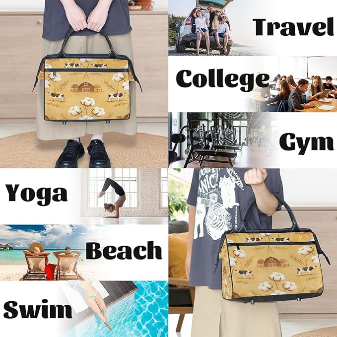 Travel Gym Carrying Bag - Cotton Cow Barn Print Overnight Weekender Bag for Women Men Girls - Shoulder Large Capacity Tote Bag for Travel, Yoga, School,Mommy Hospital Bag for Labor and Delivery