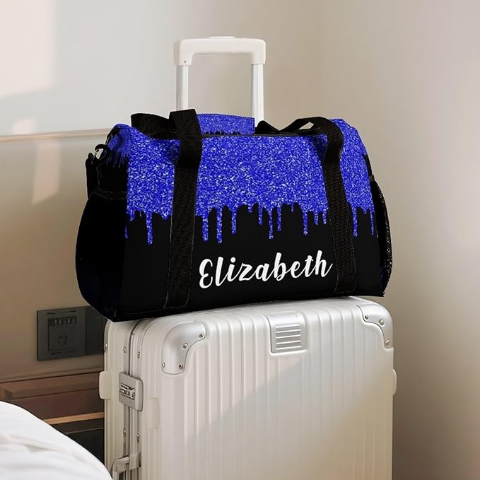 Handheld Crossbody Multifunctional Travel Bags, Personalized Duffle Bags, Sparkle Navy Blue Glitter Print Luggage Bag, Custom Name Weekender Overnight Bags