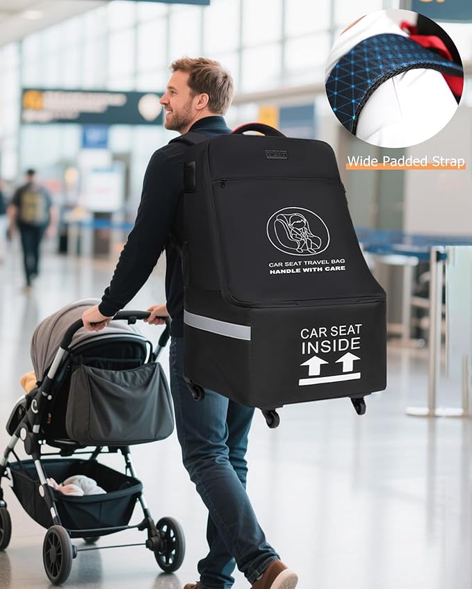 MCBD Car Seat Travel Bag for Airplane with Wheels, Padded Baby Carseat Backpack for Airport Gate Check Carrier Fits Booster Seat & Luggage Toddler Carseat Cover with Reflective Strips, Black
