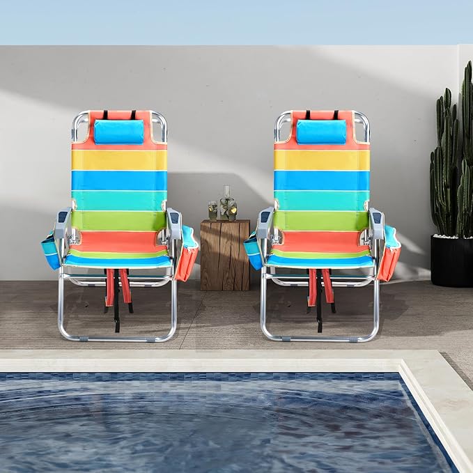 VINGLI Tall Beach Chair 2 Pack Lightweight, Backpack Beach Chair for Adults with 5-Position, Cooler Bag, Cup Holders, Towel Bar, Folding Beach Camping Chairs(16“-Rainbow)