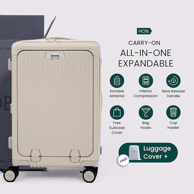 Nobl Travel Carry On Expandable Luggage, Noble Aluminum Frame PC Hard Shell Suitcase, 22.5”x14.2”x9.8” Airline Approved, 360° Spinner Wheels, TSA Locks, USB Charging, Cup & Phone Holder - Sand