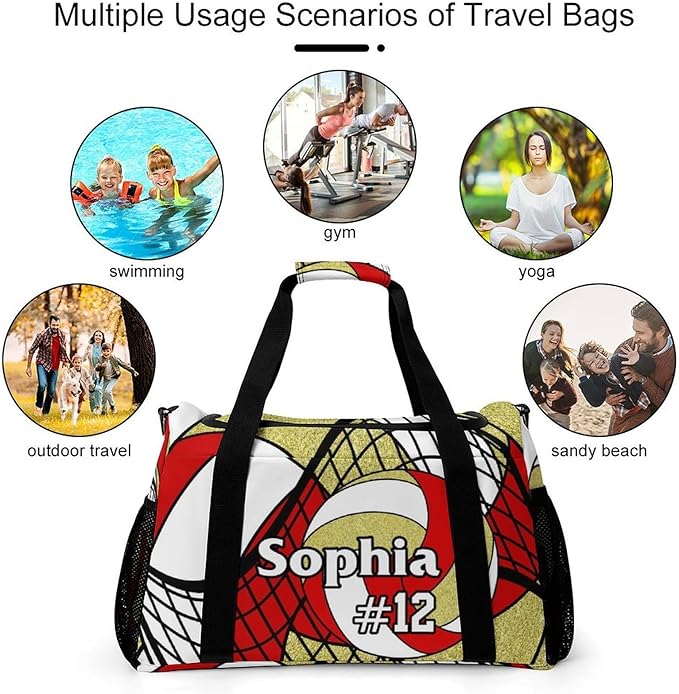 Custom Volleyball Red Gold Duffel Bag with Name Personalized Travel Bags Sport Gym Bag Carry On Weekender Bags for Men Women