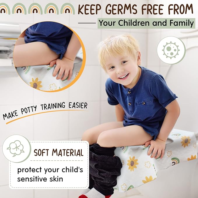 50 Pack Toilet Seat Covers Disposable Large Waterproof Toilet Covers for Toddlers Kids Adult Individually Wrapped Portable for Travel Toddler Potty Training for Public Restroom Trip(Flowers, Rainbow)
