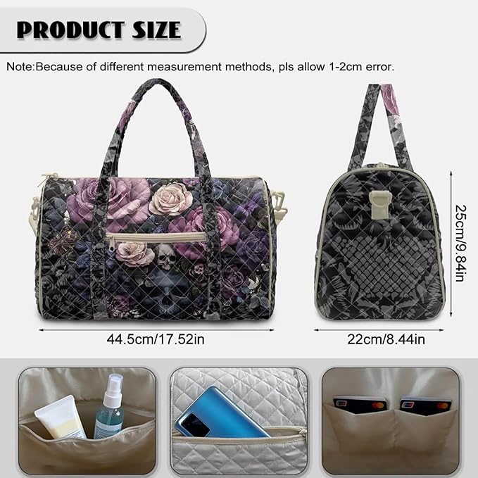 COEQINE Halloween Purses for Women Travel Quilted Duffle Print Travel Gym Bag Black Gothic Floral Skull Gothic Purse Large Packable Travel Bag