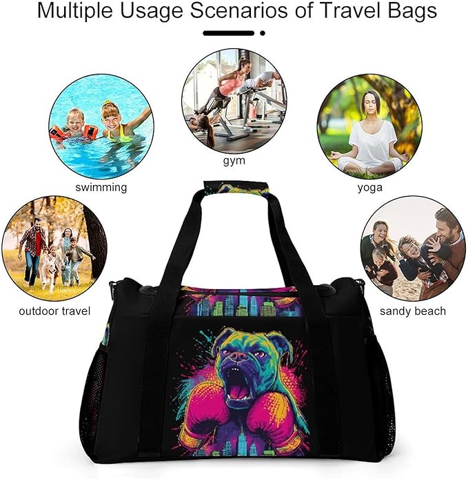 Boxer Dog Pop Boxing City Duffle Bag Gym Bag for Workout Travel Tote with Detachable Straps