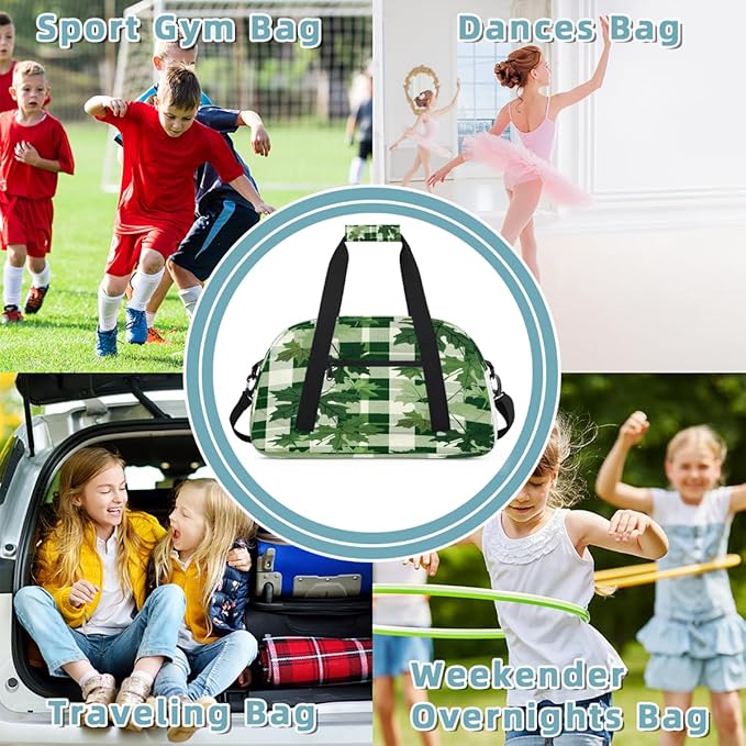 Sports Duffel Bags, Green Checkered Maple Leaves Water-Resistant Gym Duffle Bag for Men Women, Lightweight Weekender Overnight Bag for Fitness, Workout, Travel