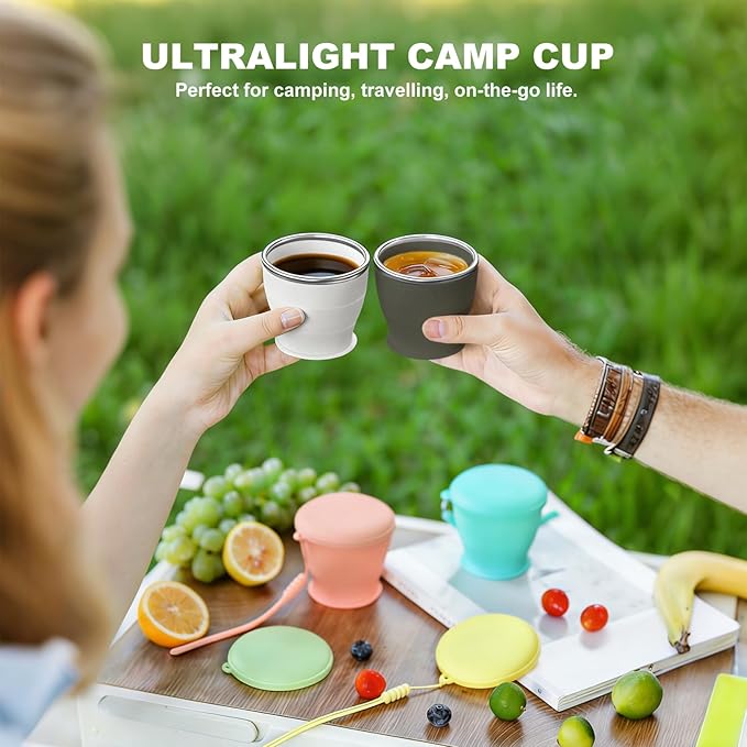 Collapsible Travel Cup, BPA-Free Reusable Water Cup, Lightweight Drinking Cups with Lids and Carrying Strap, Dishwasher Safe Silicone Cups for Camping, Travel, Airports, Hotel (6.7oz, Black)