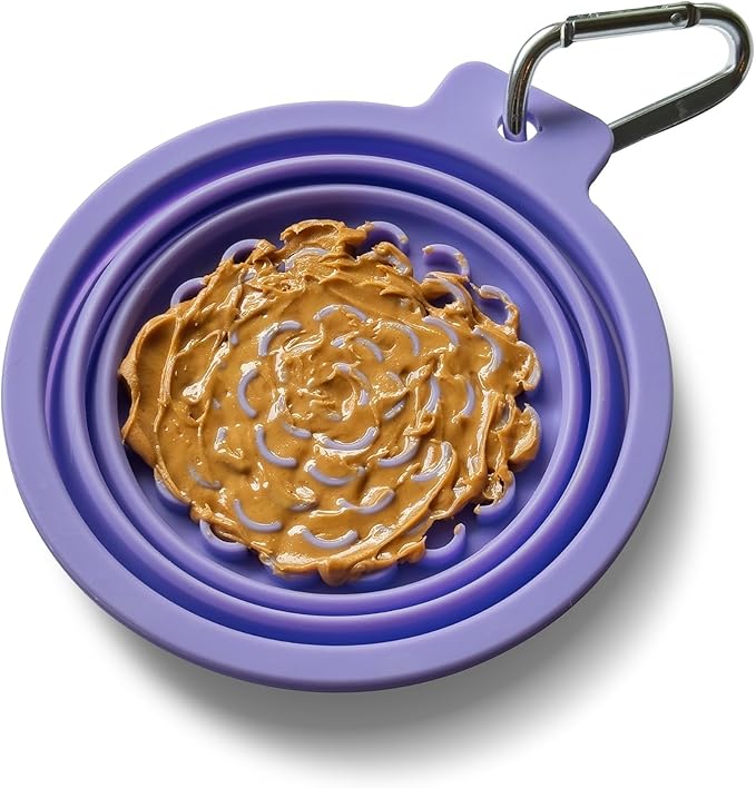 PetDreamHouse Collapsible Silicone Travel Dog Bowl with Lick Mat Bottom & Carabiner, Purple – Holds Up to 3 Cups, Medium Portable Food & Water Bowl for All Dog Sizes, BPA-Free for Hiking & Travel