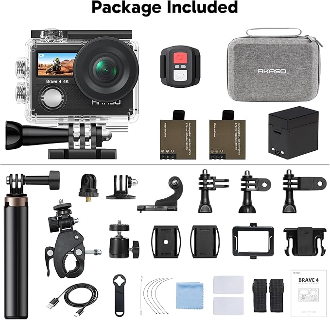 AKASO Brave 4 4K30 Action Camera with Selfie Stick Tripod 20MP Ultra Hd EIS 131ft Waterproof Underwater Camera 5xZoom Dual Screen for vlogging Video with Carrying Case Accessories Kit Bundle