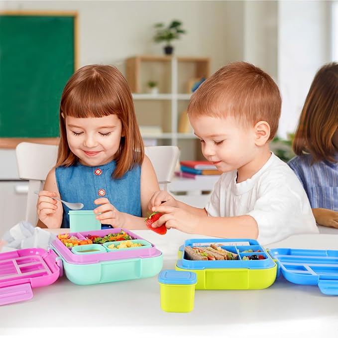 Caperci Bento Box for Kids - Large 4.8 Cups Lunch Box with Two Modular Containers - 4 Compartments, Leak-Proof, Portable Handle, Microwave/Dishwasher Safe, BPA-Free (Orchid/Light Cyan)