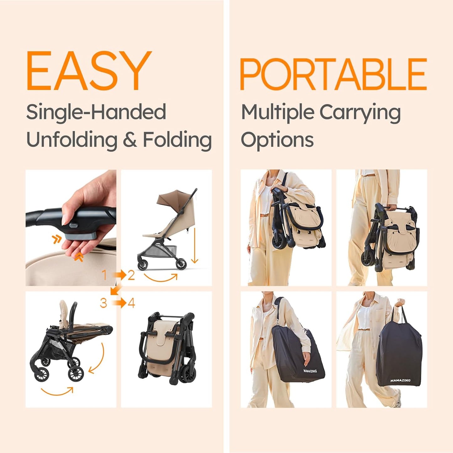 MAMAZING Ultra Air X Travel Stroller - Ultra-Lightweight Under 10 lbs, Carbon Fiber Frame & Airplane Friendly, Lightweight Stroller with Reclining Seat, UPF 50+ Canopy & Travel Bag