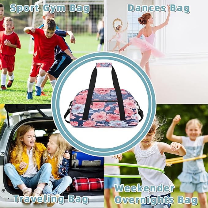 Gym Bag for Women Men, Pink Blue Floral Dark Background Travel Duffle Bags for Dance Ballet Overnight, Carry-On Weekender Bag with Detachable Shoulder Strap