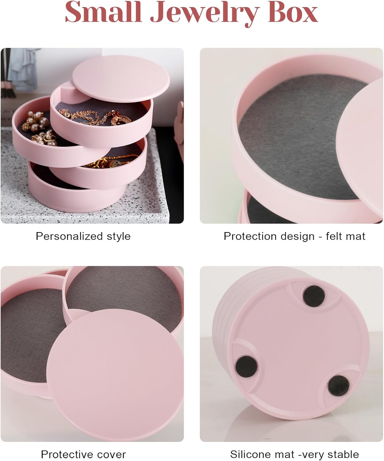 CONBOLA Jewelry Organizer, Small Jewelry Storage Box Earring Holder for Women, 4-Layer Rotating Travel Jewelry Tray Case with Lid for Bracelets Rings Bracelets, Gift for Women Teen Girls