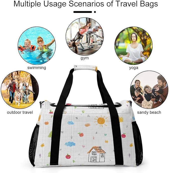 Cute Drawing Grid Paper Duffle Bag Gym Bag for Workout Travel Tote with Detachable Straps