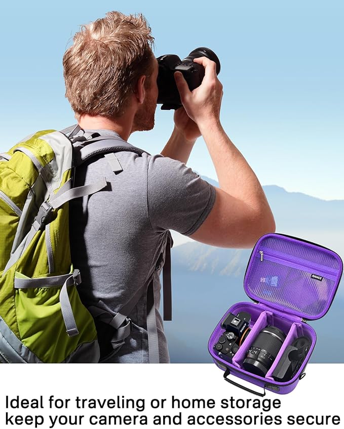 RAIACE Hard Case Compatible with Sony Alpha 7 II III IV/7R V Camera, for Nikon, for Canon, for Pentax and More. Mesh Pocket for Charger, Cables, Cards and Accessories. (case only) (Purple)