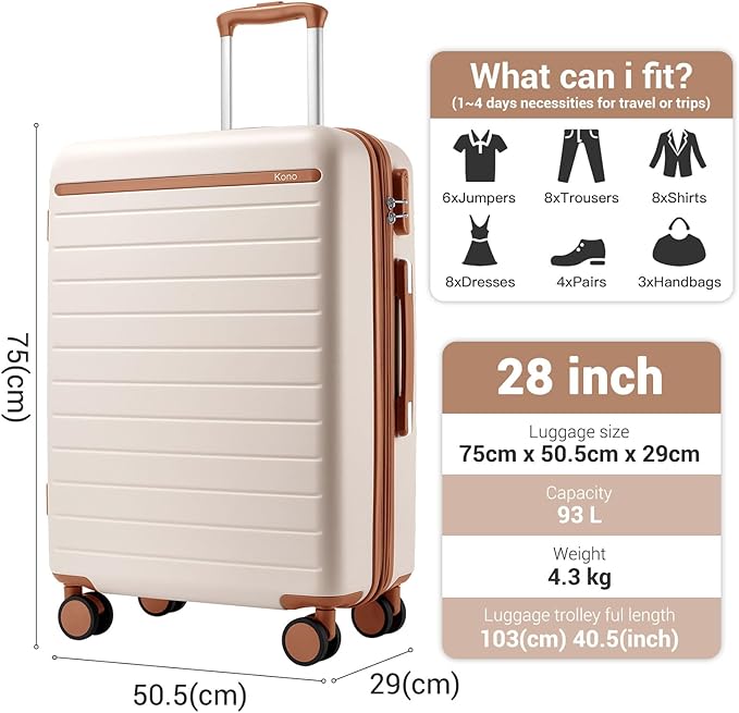 Kono 28 Inch Large Suitcase, Expandable for Long Trips, Impact-Resistant ABS+PC & Silent Wheels, Black, Lightweight Hardshell Luggage, Smooth Rolling Spinner Suitcase for Travel,Cream/Brown