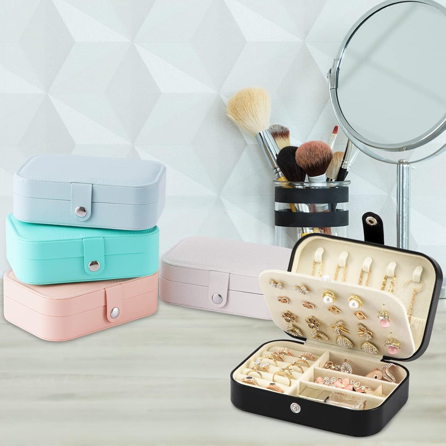 Travel Jewelry Box, PU leather Small Jewelry Organizer For Female Girls, double layer portable mini travel case for storing earrings, rings, necklaces.(Black 2pcs)