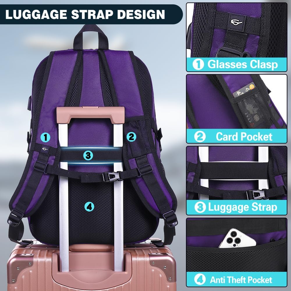 ProEtrade Travel Backpack, Extra Large Laptop Backpack School Business Anti Theft TSA Approved College Work Computer Bag Fits 17 Inch Laptop with USB Charging Port Bookbag for Women Men(Purple)