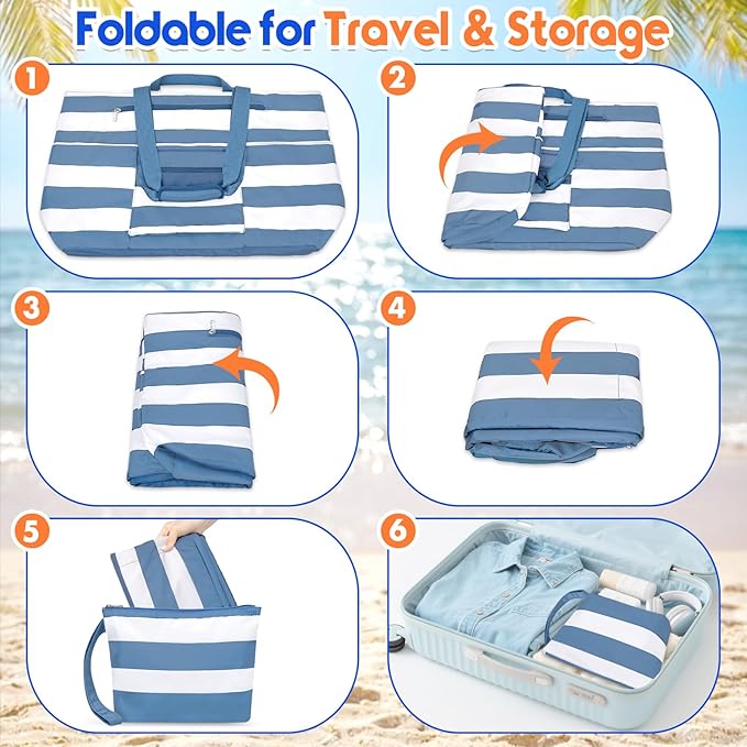BKNOOU Extra Large Beach Bags Waterproof Sandproof XL Beach Tote Bag for Women Zipper Foldable Swim Pool Bag with Wet Pocket