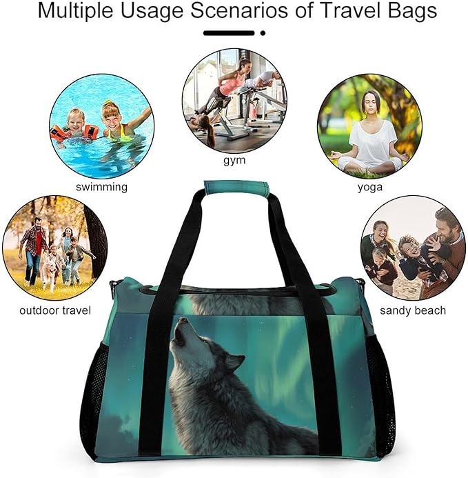 Wolf Howling Moon Northern Lights Duffle Bag Gym Bag for Workout Travel Tote with Detachable Straps
