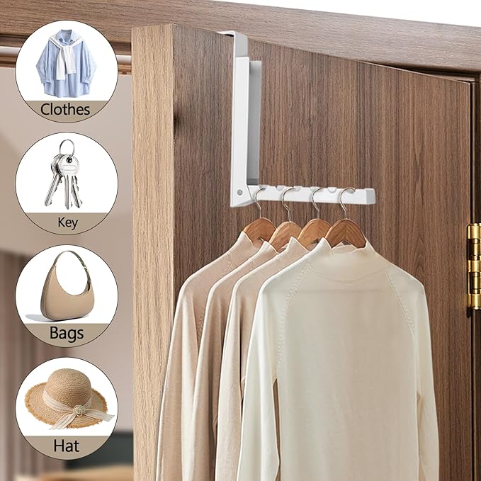 Uenhoy 2 Pack Foldable Over The Door Hanger Hooks for Clothes, Collapsible Folding Over The Door Drying Rack for Laundry Dorm Bedroom, Portable Clothing Coat Rack Overdoor Hanger, White
