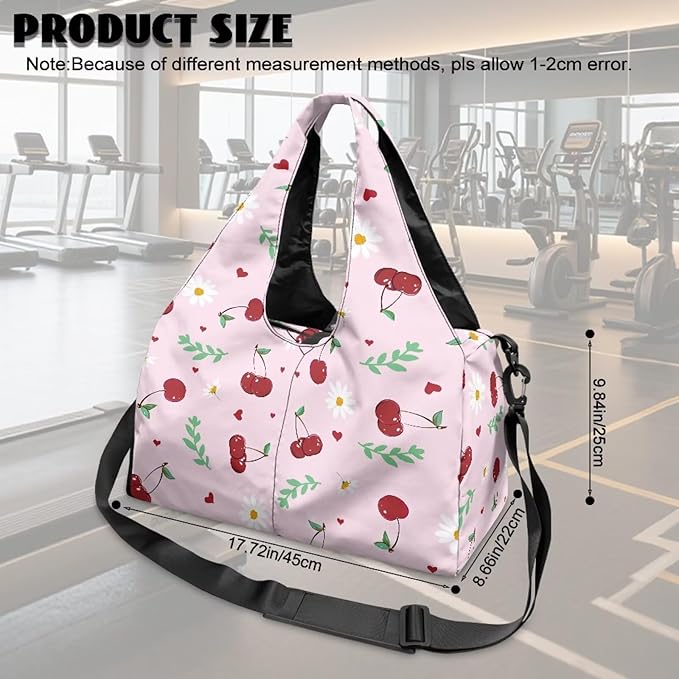 Pink Cherry Print Gym Bag with Yoga Mat Strap and Shoe Compartment, Portable Lightweight Gym Bag with Wet Pocket Water Resistant Gym Duffel for Swimming