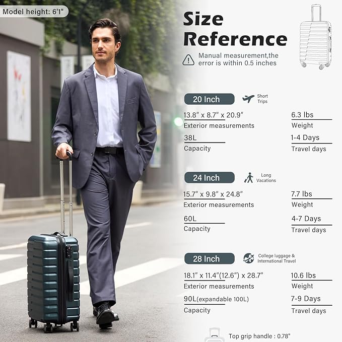 Coolife Expandable Large Checked Luggage with Spinner Wheels, Hard Shell Suitcase TSA Lock Rolling Travel Luggage 28-inch,Teal Blue