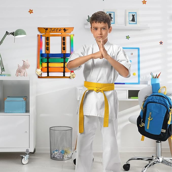 Tilhumt 8 Belt Karate Belt Display Rack with Medal Hanger and Stickers, Taekwondo Belt Display Holder, Martial Arts Belt Display Organizer for Adults, No Assembly Required (Bamboo/Acrylic)