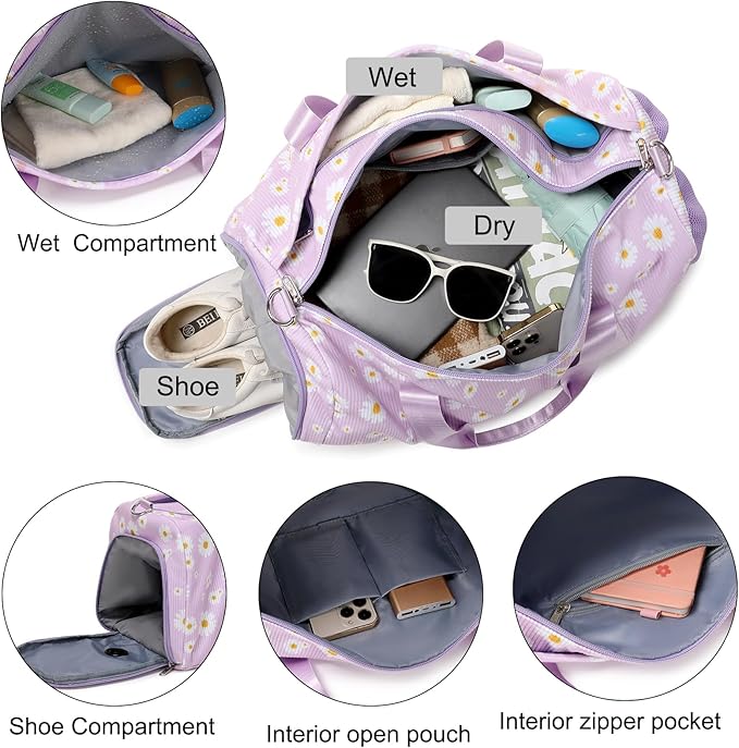 Dance Ballet Bag for Girls Teen Travel Duffel Sports Gym Yoga Cheer Weekender Corduroy Daisy Dance Bags with Shoe Compartments(purple daisy)