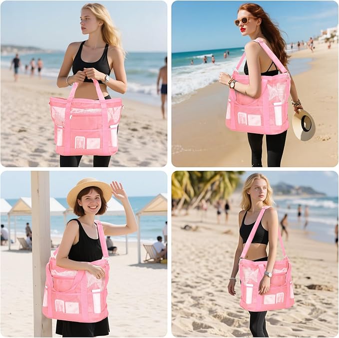 Mesh Beach Bags for Women - Family Beach Tote Bag for Toys, Towels, Travel Vacation Cruise Essentials