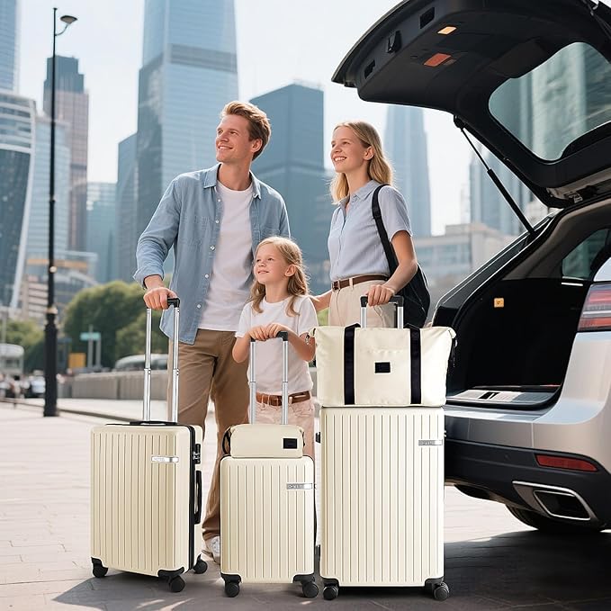 Hoteel 5 Piece Luggage Set (4-YEAR WARRANTY) ABS+PC Hardshell Carry on Suitcase with Spinner Wheels & TSA Lock for Men Women, Rolling Suit Case for Plane, Travel, Business, Off-White (20/24/28/DB/TB)