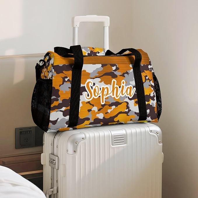 Waterproof Gym Bags Custom Orange Yellow Brown Camouflage Camo Duffel Bag with Name Adjustable Shoulder Strap Travel Bag for Teens Training Bag